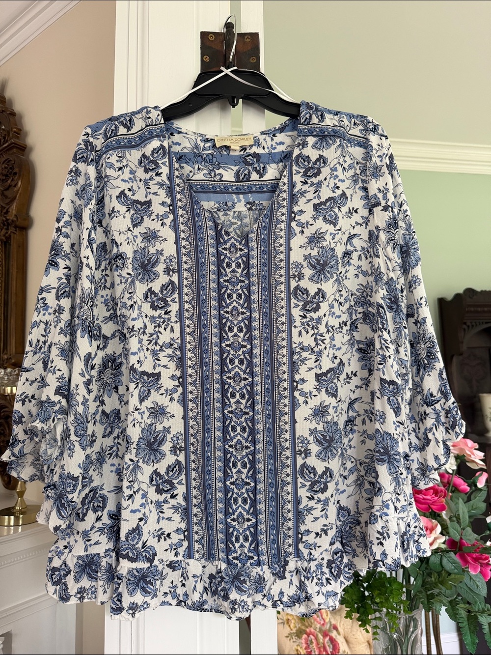 Blue Floral Boho Peasant Top - Lightweight Women's Blouse by Cynthia Rowley